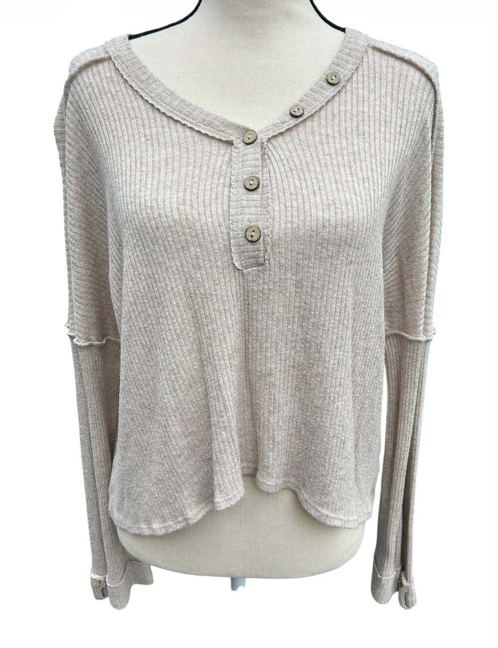 Pink Lily Tan Ribbed Henley Long Sleeve Oversized Pullover